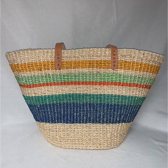 Colorful Rattan Woven Beach Tote Bag Large Summer Striped Raffia Straw Travel - Picture 3 of 13